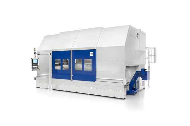 PITTLER PV2000/5000 UFF Maschine mit geschlossenem Bearbeitungsraum und angebundener Werkstückhandhabung.