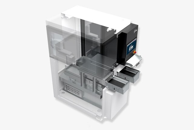 Transparente technische Visualisierung der rbc robotics FXA Load A Automatisierungszelle mit sichtbaren internen Komponenten.