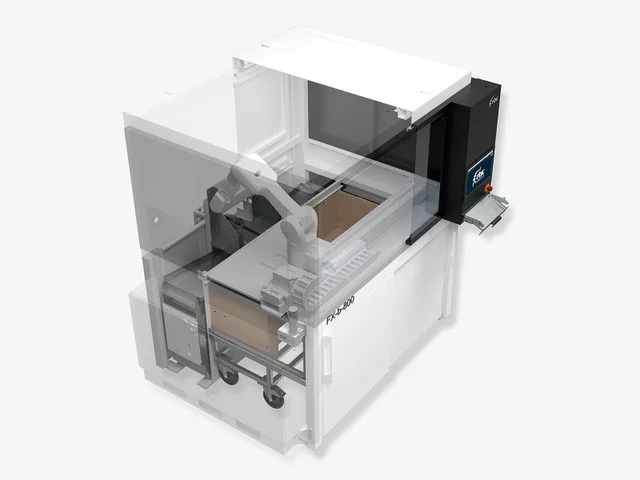 Transparente technische Visualisierung der rbc robotics FX Pick 800 Automatisierungszelle mit sichtbaren internen Komponenten.
