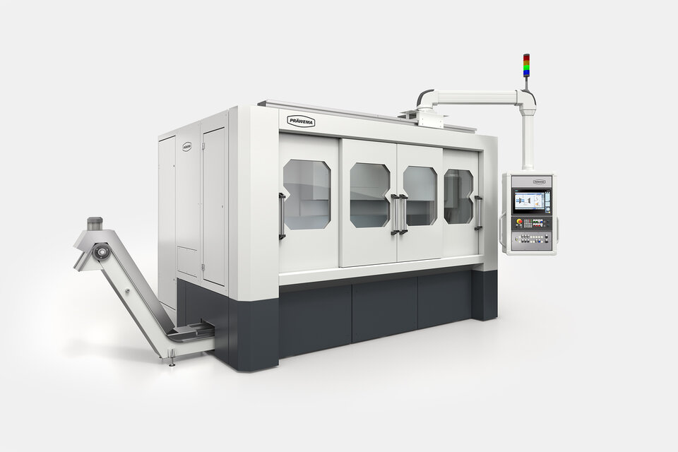 PRÄWEMA SynchroForm WPWSL41-V Maschine mit angebundener Werkstückhandhabung in Produktansicht.