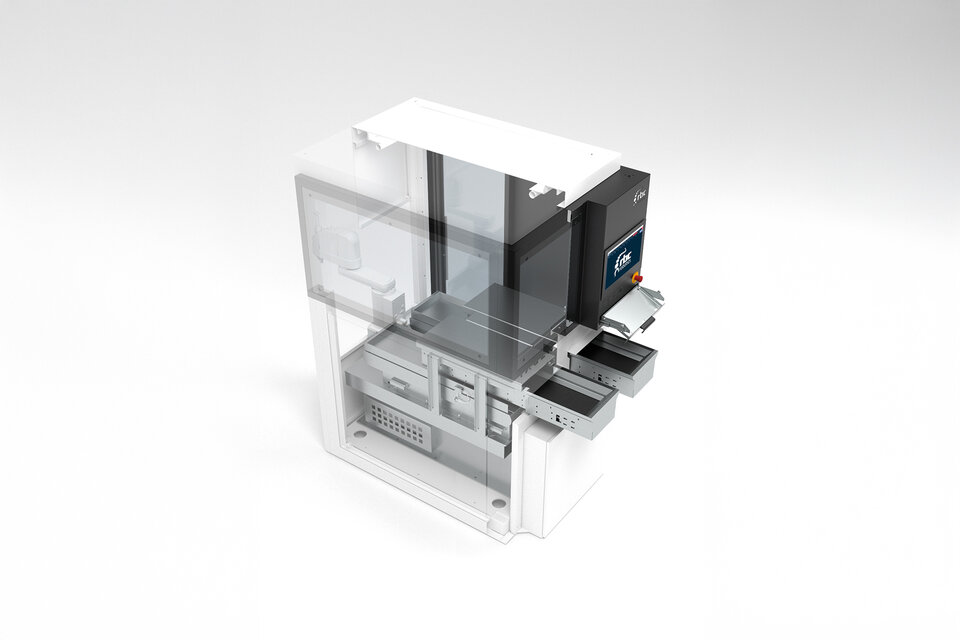 Transparente technische Visualisierung der rbc robotics FXA Midi Automatisierungszelle mit sichtbaren internen Komponenten.