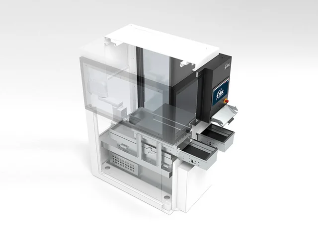 Technische Visualisierung der rbc robotics FXA 240 EOL Automatisierungszelle mit integrierter Werkstückhandhabung.