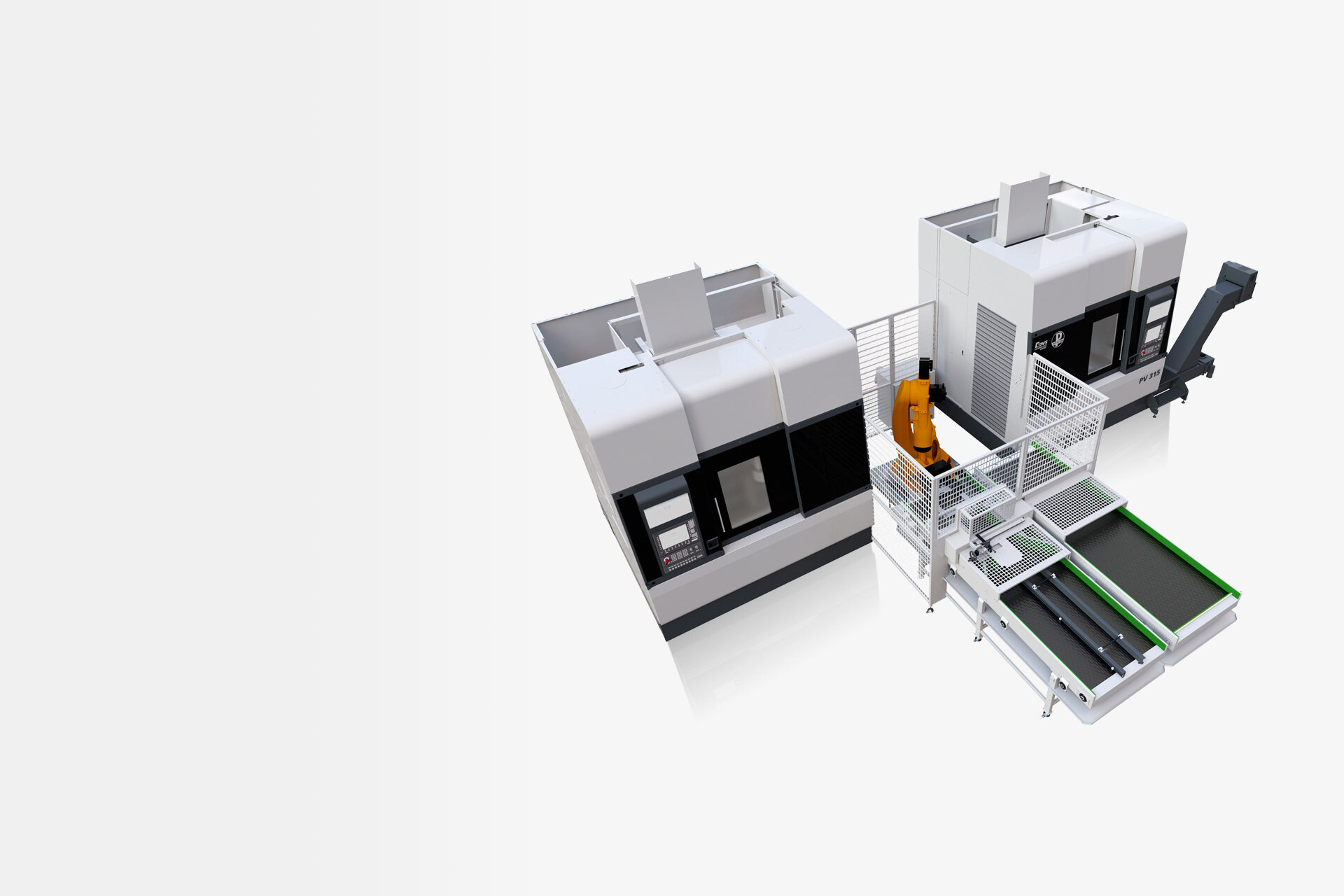 Übersicht einer modularen PITTLER Maschinenanlage mit verbundenen Bearbeitungs- und Automatisierungseinheiten.