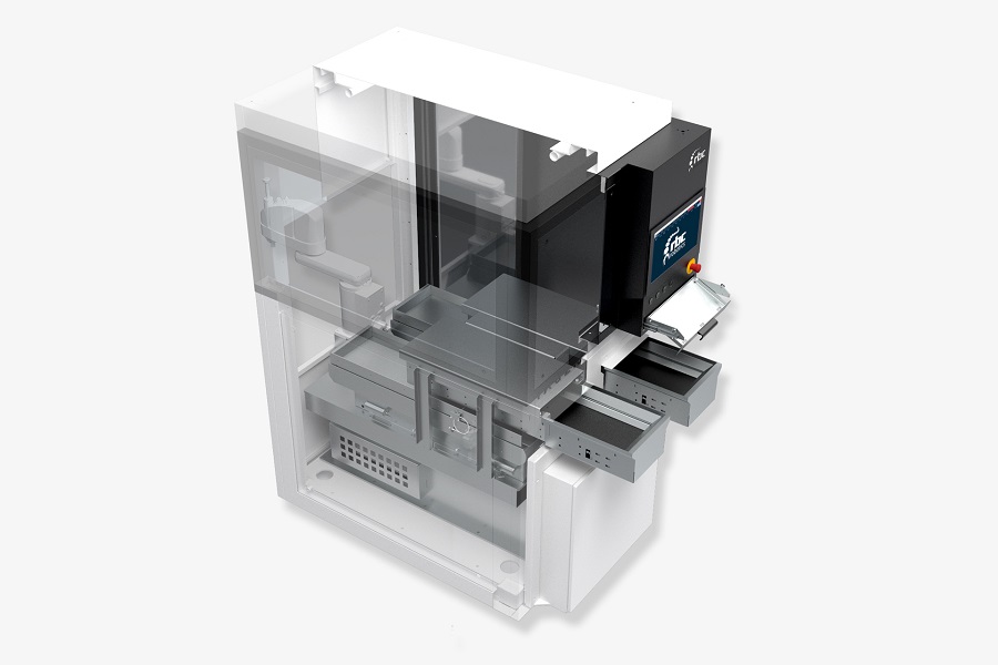 Transparente technische Visualisierung der rbc robotics FXA Load A Automatisierungszelle mit sichtbaren internen Komponenten.