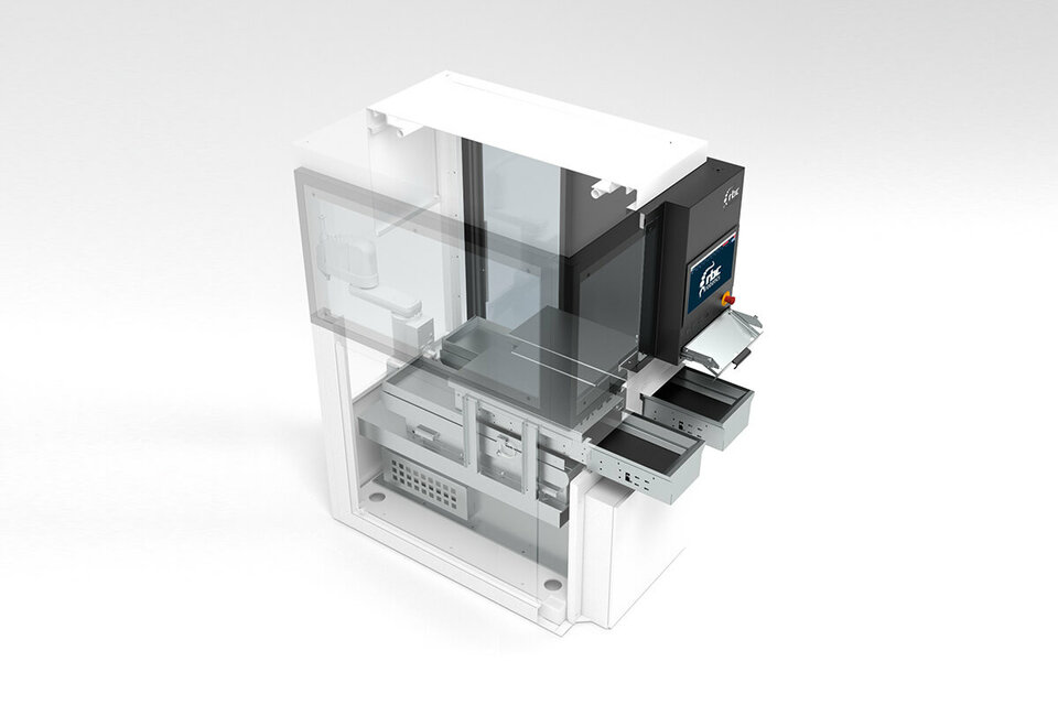 Transparente technische Visualisierung der rbc robotics FXA 240 EOL Automatisierungszelle mit sichtbaren internen Komponenten.