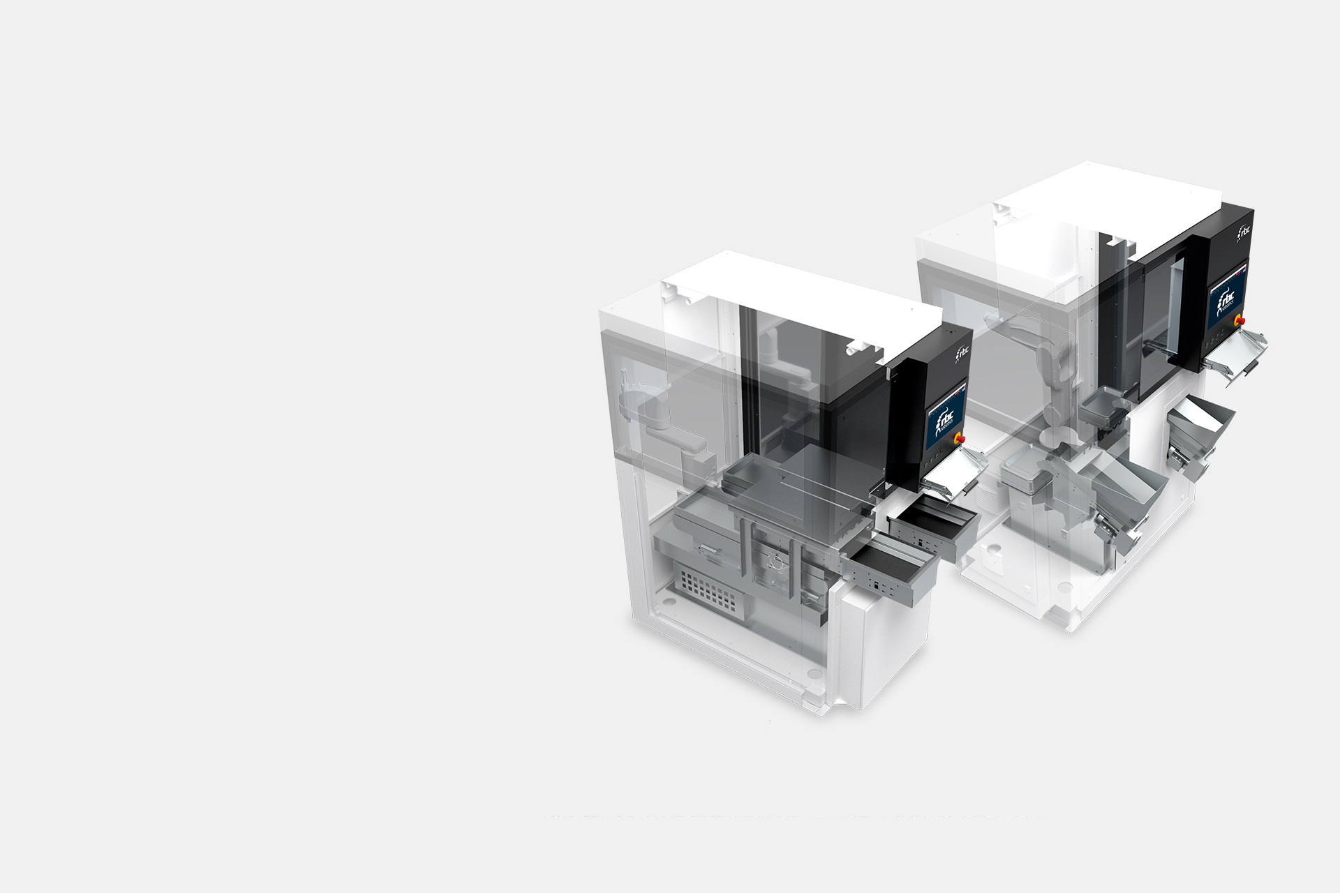 Technische Visualisierung der rbc robotics FXA2 mit zwei verbundenen Automatisierungsstationen.