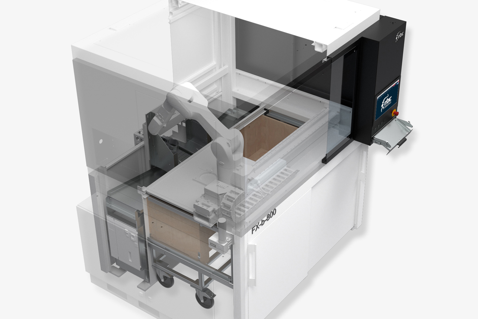 Transparente technische Visualisierung der rbc robotics FX Pick 800 Automatisierungszelle mit sichtbaren internen Komponenten.