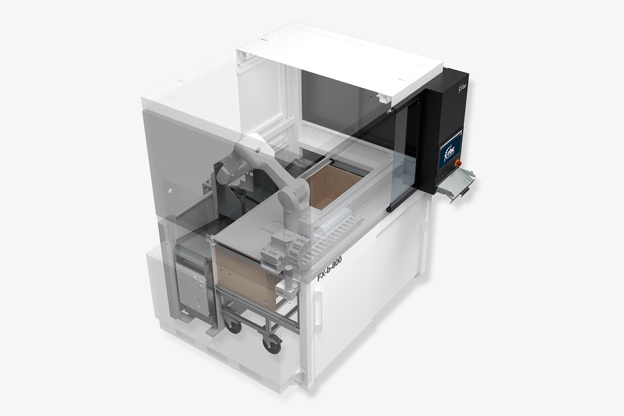 Transparente technische Visualisierung der rbc robotics FX Pick 800 Automatisierungszelle mit sichtbaren internen Komponenten.